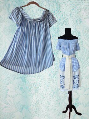 Blue & White Striped Off-Shoulder Shirred Neckline Blouse Beach Casual Coastal